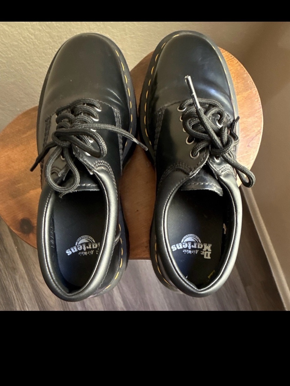 Dr. Martens Black Smooth Leather Lace-Up Oxfords with Yellow Stitching